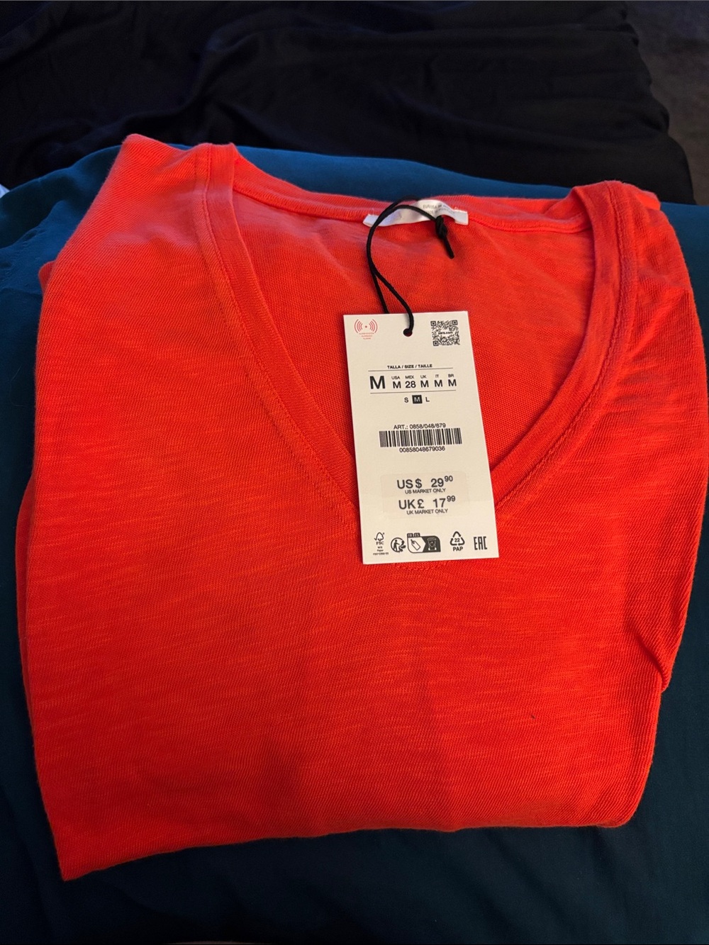 Zara Women's V-Neck Long Sleeve Tee - Bright Coral Red